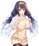  black_hair black_legwear blue_eyes blush breasts cleavage closed_mouth eyebrows_visible_through_hair hairband highres large_breasts long_hair long_sleeves looking_at_viewer original smile solo thighhighs thighs twintails yuxian_youka 