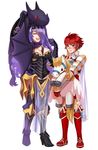 armor black_armor blush breasts camilla_(fire_emblem_if) cape cleavage cleavage_cutout closed_eyes commentary conmimi embarrassed english_commentary fire_emblem fire_emblem_if flower_knot full_body gold_trim hinoka_(fire_emblem_if) holding large_breasts long_hair multiple_girls purple_hair red_eyes red_hair simple_background smile standing stuffed_animal stuffed_dragon stuffed_pegasus stuffed_toy tassel wavy_hair white_background 