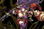 1girl bare_shoulders cleavage gourd kamihime_project_r purple_hair sarashi smile susanoo_(kamihime) sword thighs weapon yellow_eyes 