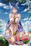  animal_ears bangs bare_shoulders bendy_straw between_legs bikini blue_eyes blue_hair blue_sky bracer braid breasts cloud cocktail commentary cookie cup day drinking_glass drinking_straw fang_xue_jun floating_island food fork fruit full_body granblue_fantasy hammock hand_between_legs hurricane_glass kneehighs korwa large_breasts lens_flare long_hair looking_at_viewer navel ocean on_ground outdoors palm_tree parted_lips silver_eyes silver_hair sitting sky smile solo swimsuit thigh_strap towel tree v_arms watermelon white_bikini 