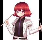  bangs belt black_shirt blush closed_mouth collared_shirt drumsticks eyebrows_visible_through_hair gem_oblivion highres holding horikawa_raiko jacket juliet_sleeves long_sleeves looking_at_viewer necktie open_clothes open_jacket puffy_sleeves purple_neckwear red_eyes red_hair shirt short_hair smile solo touhou upper_body white_jacket 
