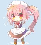  alternate_costume apron black_dress black_legwear blue_background box chibi dress enmaided full_body harusame_(kantai_collection) heart kantai_collection kouu_hiyoyo looking_at_viewer maid maid_headdress pink_hair red_eyes side_ponytail simple_background smile solo standing white_apron 
