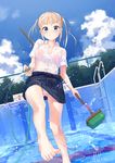  &gt;:) artist_name bangs barefoot blonde_hair blue_eyes blue_sky bra_through_clothes breasts broom buttons chain-link_fence cloud day dutch_angle empty_pool eyebrows_visible_through_hair feet fence highres hitogata_ningen holding holding_hose hose long_hair looking_at_viewer medium_breasts mop number original outdoors panties pantyshot pantyshot_(standing) partially_unbuttoned pleated_skirt pool_ladder pov_feet school_uniform see-through shirt short_sleeves sidelocks signature skirt sky smile solo standing standing_on_one_leg starting_block toes twintails underwear v-shaped_eyebrows water water_drop wet wet_clothes wet_shirt wet_skirt white_panties white_shirt wing_collar 