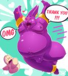  &lt;3 animal_genitalia anthro balls belly big_belly big_ears blush cat champa digitslayer dragon_ball dragon_ball_super duo english_text feline male mammal moobs obese overweight overweight_male purple_balls text 
