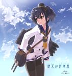  2016 black_hair cannon character_name cloud commentary_request cowboy_shot dated day dress gradient_hair grey_hair hat headgear highres kantai_collection kaze_hiki long_sleeves lowleg_pantyhose mini_hat multicolored_hair pantyhose sailor_dress shirt short_hair_with_long_locks sky smokestack smokestack_hair_ornament solo tied_shirt tokitsukaze_(kantai_collection) torpedo yellow_eyes 