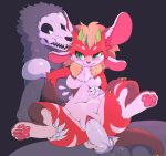  2018 4_fingers 4_toes aliasing anthro anthro_on_anthro balls blonde_hair blush breasts breath chair_position character_request clenched_teeth clitoris duo erection eye_contact featureless_breasts female from_behind_position front_view fur green_eyes grey_fur hair hand_on_stomach horn knot male male/female navel nude on_top pata pawpads penetration penis pussy pussy_juice red_fur sex sharp_teeth sitting species_request spread_legs spreading teeth toes vaginal vaginal_penetration 