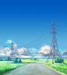  blue_sky bush cloud cloudy_sky commentary day everlasting_summer field grass highres horizon landscape no_humans outdoors plant power_lines road rural scenery shadow sky utility_pole valley 