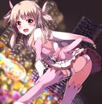  ass bare_shoulders bent_over blurry check_commentary city commentary commentary_request depth_of_field elbow_gloves eyebrows_visible_through_hair fate/kaleid_liner_prisma_illya fate_(series) feathers gloves hair_feathers hand_on_own_thigh illyasviel_von_einzbern looking_at_viewer magical_girl night open_mouth outdoors panties prisma_illya red_eyes shiny shiny_hair shiny_skin skirt solo sumioo_(sumikko_no_ousama) thigh_strap thighhighs underwear white_hair white_panties 