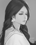  closed_mouth commentary earrings face from_side grey_background greyscale highres jewelry light_smile long_hair looking_away looking_down monochrome nguyen_uy_vu original painting realistic signature simple_background solo upper_body 