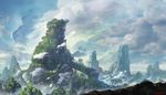  building cloud cloudy_sky commentary_request day fantasy highres miso_katsu mountain no_humans outdoors pillar ruins scenery sky tree 