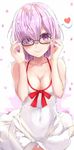 adjusting_eyewear bare_arms bare_shoulders black-framed_eyewear bow bow_swimsuit collarbone covered_navel dress dress_swimsuit eyes_visible_through_hair fate/grand_order fate_(series) glasses hair_over_one_eye heart highres looking_at_viewer mash_kyrielight nigouu petals pink_hair red_bow red_ribbon ribbon shiny shiny_hair short_hair simple_background sleeveless sleeveless_dress solo speech_bubble spoken_heart sundress swimsuit swimsuit_of_perpetual_summer upper_body white_background white_dress white_swimsuit 