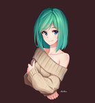  arnold-s bare_shoulders blue_eyes blush breasts closed_mouth collarbone eyebrows_visible_through_hair green_hair highres keller_enasa looking_at_viewer medium_breasts off-shoulder_shirt off_shoulder original ribbed_sweater shirt short_hair smile solo sweater upper_body 