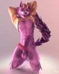  2019 3d_(artwork) balls canine clothing demon digital_media_(artwork) erection horn kreic male mammal one_eye_closed penis pink_background pink_sweater simple_background smile solo sweater tongue uncut wink wolf 