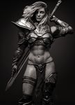  3d abs armor bikini_armor breastplate contrapposto cowboy_shot gauntlets greaves hand_on_sword hand_up highres limited_palette loincloth long_hair looking_at_viewer melissa_moraitis navel original realistic shoulder_armor simple_background solo standing sword sword_behind_back thigh_strap vambraces weapon 