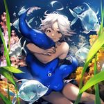  ahoge air_bubble bare_arms bare_shoulders bubble closed_mouth commentary_request coral feet_out_of_frame fish grey_eyes grey_hair highres hug lee_hyeseung lingerie long_hair looking_at_viewer negligee octopus original plant short_hair smile solo submerged underwater underwear 