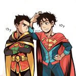  artist_name black_hair blue_eyes cape cowboy_shot crossed_arms damian_wayne dc_comics gloves green_eyes green_gloves grin hand_on_hip height_conscious jonathan_kent male_focus miyuli multiple_boys robin_(dc) simple_background smile spiked_hair super_sons superboy white_background 