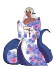  animal_ears bare_shoulders blue_kimono breasts cleavage closed_mouth dark_skin earrings facial_mark floral_print full_body gradient_hair grey_hair highres japanese_clothes jewelry kimono lamia large_breasts long_hair long_sleeves looking_at_viewer manosdetrapo monster_girl multicolored_hair obi off_shoulder original pink_eyes pointy_ears sash seigaiha simple_background sleeves_past_wrists smile solo standing very_long_hair white_background white_hair white_kimono wide_sleeves 