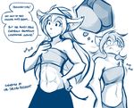  2017 abs anthro basitin blush breast_squish breast_wraps breasts breasts_frottage canine clothed clothing crown dialogue duo embarrassed english_text female hi_res keidran king_adelaide magic mammal midriff monochrome natani rubbing simple_background sketch smile sweat text tom_fischbach twokinds webcomic white_background wolf 