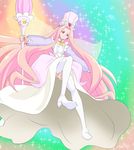  boots earrings fairy_wings full_body haruyama_kazunori hat jewelry kirakira_precure_a_la_mode long_hair long_sleeves looking_at_viewer looking_down lumiere_(precure) multicolored multicolored_background pink_hair precure red_eyes solo sparkle sparkle_background staff star star_earrings thigh_boots thighhighs very_long_hair white_footwear white_legwear wings 
