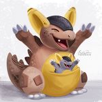  closed_eyes commentary eric_proctor full_body gen_1_pokemon hands_up kangaskhan no_humans open_mouth pokemon pokemon_(creature) pouch signature standing 