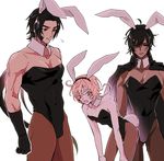  animal_ears annoyed bent_over black_gloves bunny_boy bunny_ears bunny_tail bunnysuit collarbone dark_skin dark_skinned_male detached_collar fake_animal_ears gloves highres leotard male_focus monoyoshi_sadamune multiple_boys natsuhachi ookurikara pantyhose pectorals pink_hair sideburns simple_background tail tonbokiri_(touken_ranbu) touken_ranbu white_background 