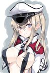  blonde_hair breasts capelet covered_nipples graf_zeppelin_(kantai_collection) hair_between_eyes hat inuzumi_masaki kantai_collection large_breasts long_hair long_sleeves looking_at_viewer military military_uniform peaked_cap purple_eyes sidelocks slingshot_swimsuit solo swimsuit twintails uniform 
