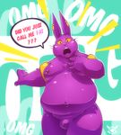  2017 animal_genitalia anthro balls belly big_belly big_ears blush cat champa digitslayer dragon_ball dragon_ball_super english_text feline male mammal moobs obese overweight overweight_male purple_balls solo text 