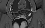  faux_traditional_media from_below girls_und_panzer greyscale highres jacket kotoyama looking_at_viewer military military_uniform monochrome nishizumi_miho ooarai_military_uniform pleated_skirt shadow skirt solo standing sweatdrop tank_interior thighs uniform upskirt vehicle_interior 