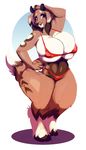  2017 absurd_res anthro big_breasts big_thighs bikini breasts canine caprine clothing dog eyebrows female goat hand_on_hip hi_res horn huge_breasts hybrid looking_at_viewer mammal markings open_mouth purple_eyes riendonut sally_hazel simple_background solo swimsuit voluptuous wide_hips 