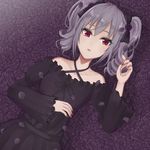  commentary_request drill_hair flower gothic_lolita grey_hair highres hotatehote idolmaster idolmaster_cinderella_girls kanzaki_ranko lolita_fashion long_hair looking_at_viewer lying on_back petals red_eyes rose rose_petals solo twin_drills 