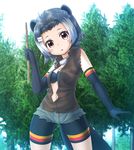 american_beaver_(kemono_friends) animal_ears beaver_ears beaver_tail bike_shorts black_gloves blush breasts brown_eyes cleavage day elbow_gloves forest gloves grey_hair kakutasu_(akihiron_cactus) kemono_friends large_breasts looking_at_viewer multicolored_hair nature navel outdoors parted_lips short_shorts shorts solo stick tail tree white_hair 