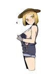  absurdres blonde_hair blush bob_cut breasts cropped_legs fate/grand_order fate_(series) hat heart highres jikatarou looking_at_viewer naked_overalls nipples overalls paul_bunyan_(fate/grand_order) short_hair shorts simple_background small_breasts smile solo straw_hat white_background yellow_eyes 