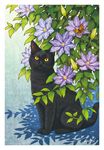  artist_name black_cat bug butterfly cat cat_focus clematis_(flower) flower insect looking_at_viewer no_humans original shadow signature takigraphic yellow_eyes 