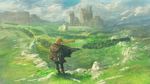  backpack bag blonde_hair boots braid cape castle cloud cloudy_sky commentary_request day from_behind frying_pan grass original outdoors scenery sky solo standing valley wind you_shimizu 