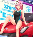  asics barefoot black_swimsuit breasts car competition_swimsuit fox_mask ground_vehicle hata_no_kokoro long_hair looking_at_viewer mask mask_on_head medium_breasts motor_vehicle noh_mask on_vehicle one-piece_swimsuit pink_eyes pink_hair sitting solo swimsuit touhou yoshinobu 