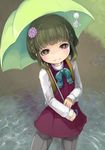  braid brown_eyes brown_hair flower green_umbrella grey_legwear hair_flower hair_ornament highres kantai_collection looking_at_viewer puddle rain ruu_bot short_hair sketch solo standing takanami_(kantai_collection) teruterubouzu umbrella 