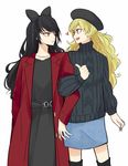  aran_sweater beret black_sweater blake_belladonna blue_skirt bow coat commentary_request hair_bow hat multiple_girls ponekusan red_coat rwby skirt sweater yang_xiao_long yuri 