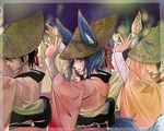  animal_ears awa_odori_tokushima black_hair blue_hair commentary_request dancing doitsuken ears_through_headwear finger_to_mouth fingernails fox_ears fox_tail from_side hands_up hat highres index_finger_raised japanese_clothes kimono long_sleeves looking_at_viewer looking_to_the_side nail_polish obi original parted_lips pink_eyes pink_kimono red_nails sash sharp_fingernails short_hair shushing slit_pupils smile solo_focus straw_hat tail tied_hair torioigasa translated wide_sleeves 