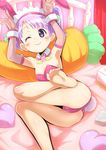  1girl barefoot bed blush bunnysuit elbow_gloves feet headdress lavender_hair looking_at_viewer manaka_non pripara smile soles toes twintails wink 