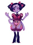  2015 4_fingers arachnid arthropod black_hair blush clothed clothing digital_media_(artwork) fangs female front_view hair hair_bow hair_ribbon hi_res humanoid jenbuggg looking_at_viewer muffet multi_arm multi_eye multi_limb one_eye_closed pigtails ribbons short_hair simple_background solo spider standing undertale video_games white_background wink 