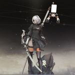  3d black_blindfold black_dress black_hairband blindfold boots cleavage_cutout dress feather-trimmed_sleeves flower full_body hairband high_heel_boots high_heels highres katana leslyzerosix lily_(flower) long_sleeves mole mole_under_mouth nier_(series) nier_automata pod_(nier_automata) short_hair silver_hair solo sword thigh_boots thighhighs thighhighs_under_boots weapon yorha_no._2_type_b 