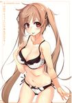  :p absurdres bangs black_ribbon bow bow_bra bow_panties bra breasts brown_eyes brown_hair cleavage closed_mouth collarbone cowboy_shot eyebrows_visible_through_hair hair_ribbon hand_on_own_chest highres kantai_collection lace lace-trimmed_bra lingerie long_hair looking_at_viewer medium_breasts murasame_(kantai_collection) navel panties red_eyes ribbon shirokitsune side-tie_panties smile solo standing tongue tongue_out translated twintails underwear underwear_only very_long_hair white_background white_bra white_panties 