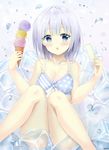  7_calpis_7 bikini blue_bikini blue_eyes blush breasts cleavage collarbone eyebrows_visible_through_hair food highres ice_cream large_breasts looking_at_viewer original parted_lips popsicle silver_hair solo swimsuit 