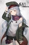  bangs black_shorts blush brown_eyes character_name coat commentary cowboy_shot eyebrows_visible_through_hair flat_cap g11_(girls_frontline) girls_frontline grey_hair hat highres holster legs_apart long_hair looking_at_viewer messy_hair moffle_(ayabi) open_clothes open_coat parted_lips purple_scarf scarf short_shorts shorts sleeves_past_wrists solo thigh_holster thigh_strap very_long_hair 