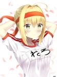  7_calpis_7 ahoge arms_behind_head blonde_hair blush breasts closed_mouth eyebrows_visible_through_hair fate/grand_order fate_(series) gym_uniform headband highres large_breasts looking_at_viewer nero_claudius_(fate) nero_claudius_(fate)_(all) olympian_bloomers short_hair smile solo type-moon yellow_eyes 