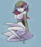  animal bangs barefoot blush breasts dress feet gardevoir gen_3_pokemon green_hair green_skin groin large_breasts looking_at_viewer masha no_humans open_mouth pointy_ears pokemon pokemon_(creature) red_eyes short_hair solo tongue white_skin 