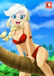  1girl applejack bikini blonde_hair braid breasts cleavage freckles green_eyes long_hair looking_at_viewer medium_breasts my_little_pony my_little_pony_equestria_girls my_little_pony_friendship_is_magic open_mouth orange_skin personification ponytail red_bikini sitting smile solo swimsuit uotapo 