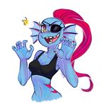  2015 5_fingers absurd_res blush breasts cleavage clothed clothing digital_media_(artwork) ear_fins eye_patch eyewear female fin fish fish_humanoid hair happy hi_res humanoid jenbuggg long_hair looking_at_viewer marine open_mouth ponytail red_hair simple_background solo undertale undyne video_games white_background 