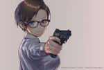  &gt;:) beige_background blue_eyes breasts brown_hair browning_buck_mark closed_mouth commentary_request dress_shirt earrings finger_on_trigger genso glasses gun handgun holding holding_gun holding_weapon jewelry large_breasts laser_sight long_sleeves looking_at_viewer original pistol red-framed_eyewear shirt short_hair signature smile solo striped striped_shirt v-shaped_eyebrows weapon 