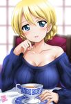  artist_name bare_shoulders blonde_hair blue_eyes blue_sweater blush braid breasts cleavage collarbone commentary_request cup darjeeling dated diffraction_spikes eyebrows_visible_through_hair girls_und_panzer hair_between_eyes kamogawa_tanuki large_breasts long_sleeves looking_at_viewer ribbed_sweater saucer short_hair sitting smile solo sweater teacup tied_hair twin_braids upper_body 